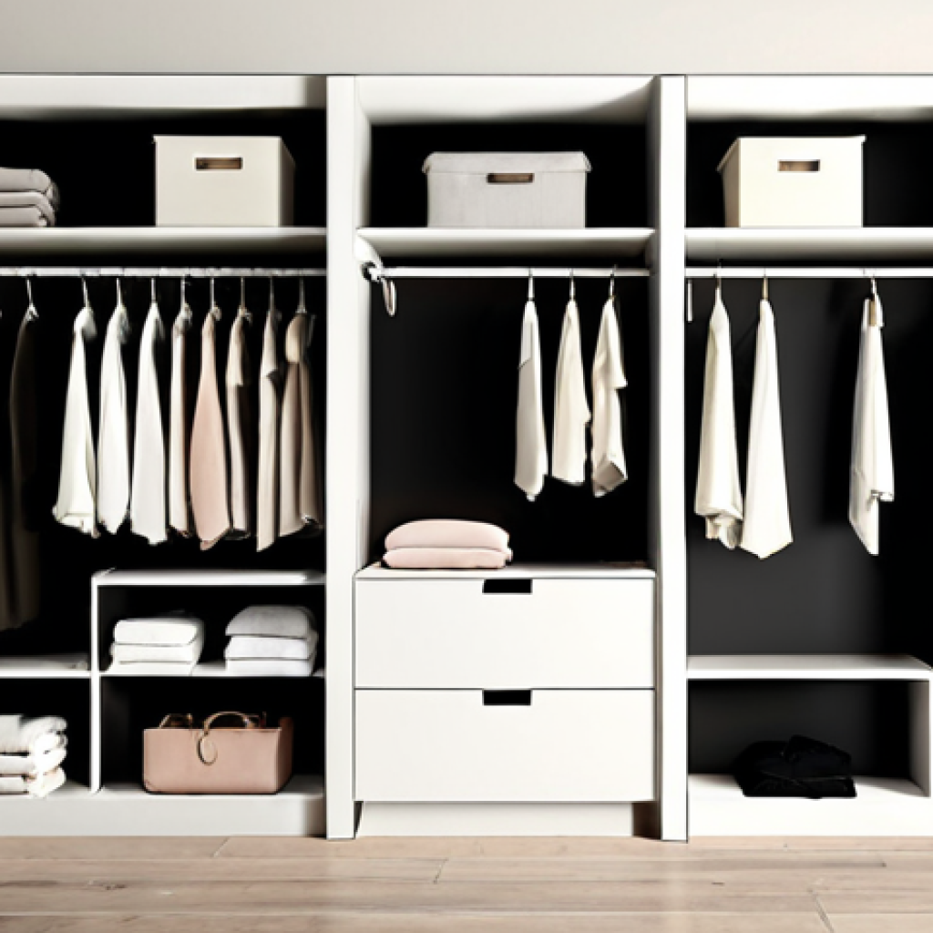 **Minimalist Wardrobe**: Create an image of a stylish, minimalist wardrobe featuring neatly organized clothes. The wardrobe should display a limited selection of timeless, high-quality garments in neutral colors, emphasizing simplicity and functionality.
