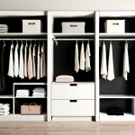**Minimalist Wardrobe**: Create an image of a stylish, minimalist wardrobe featuring neatly organized clothes. The wardrobe should display a limited selection of timeless, high-quality garments in neutral colors, emphasizing simplicity and functionality.