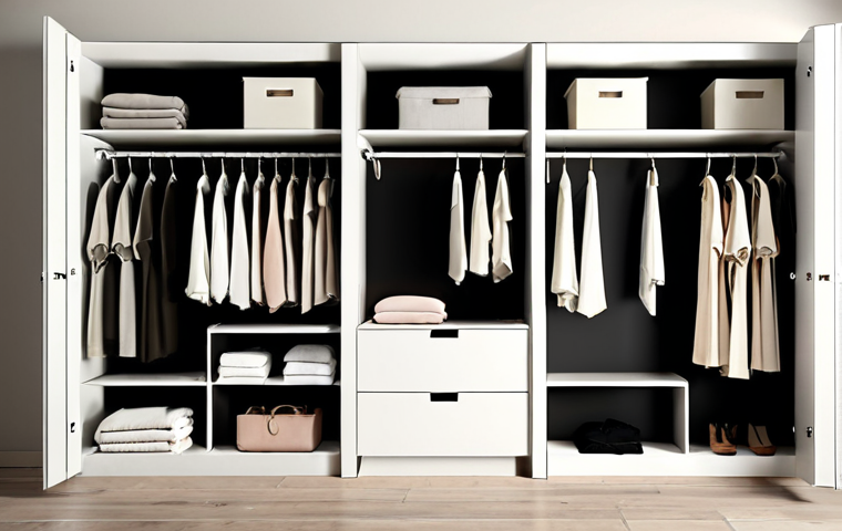 **Minimalist Wardrobe**: Create an image of a stylish, minimalist wardrobe featuring neatly organized clothes. The wardrobe should display a limited selection of timeless, high-quality garments in neutral colors, emphasizing simplicity and functionality.